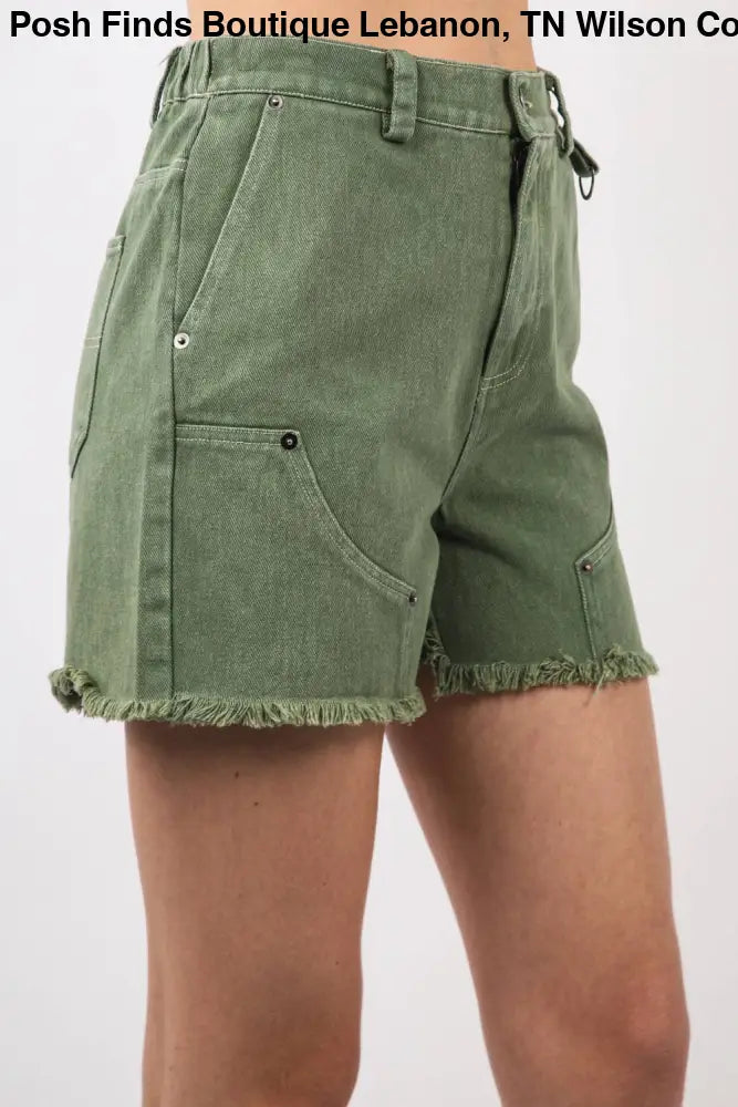 Olive Washed Denim Shorts W/ Raw Edge - Shorts