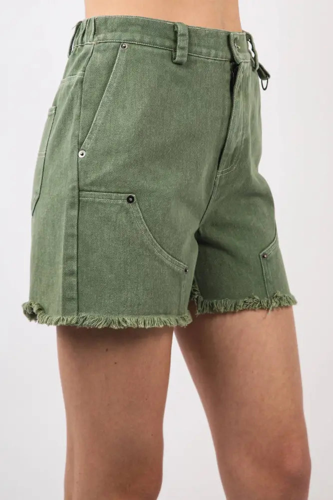 Olive Washed Denim Shorts W/ Raw Edge - Shorts