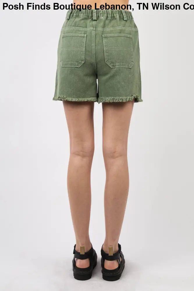 Olive Washed Denim Shorts W/ Raw Edge - Shorts
