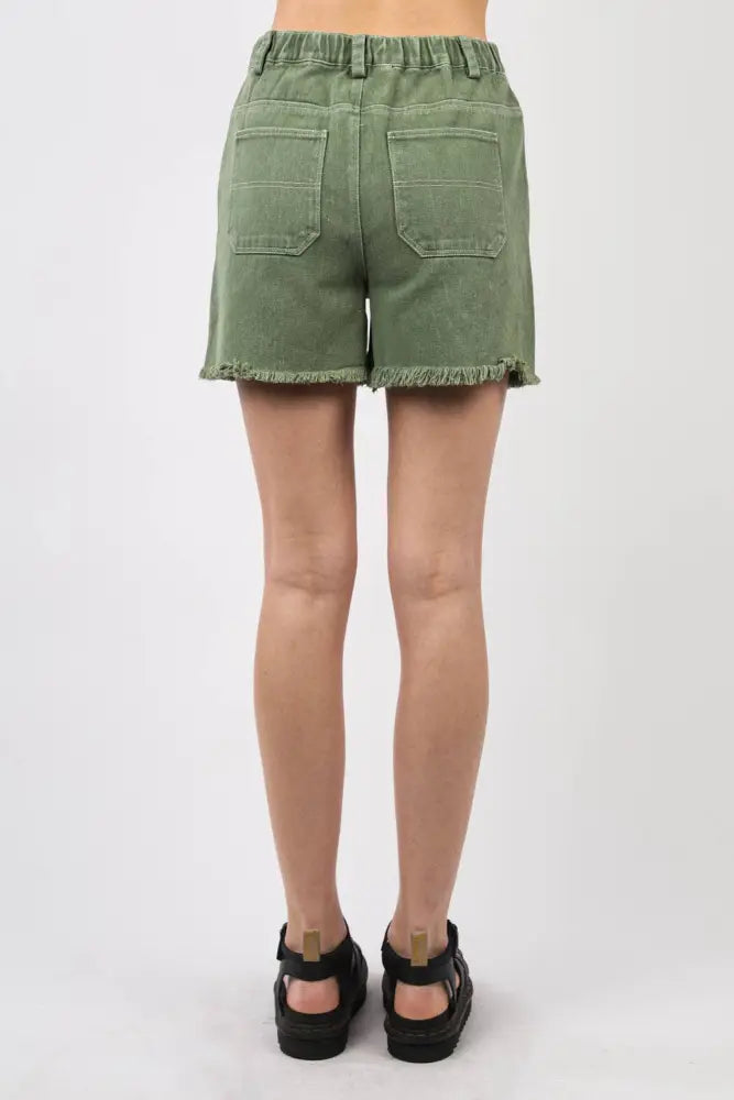 Olive Washed Denim Shorts W/ Raw Edge - Shorts