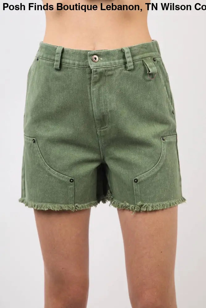 Olive Washed Denim Shorts W/ Raw Edge - Shorts