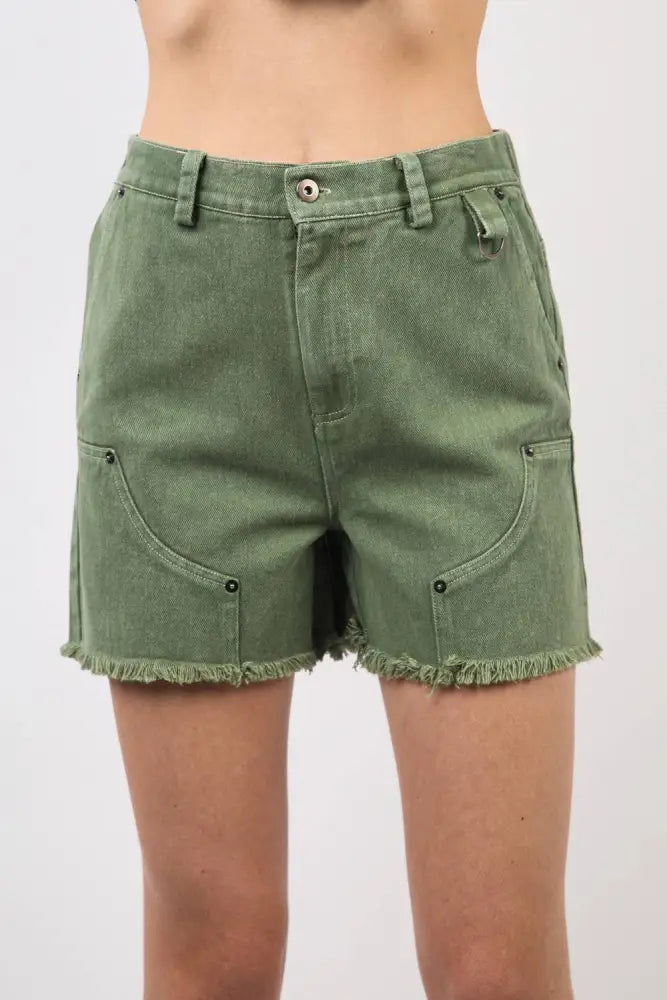 Olive Washed Denim Shorts W/ Raw Edge - Shorts