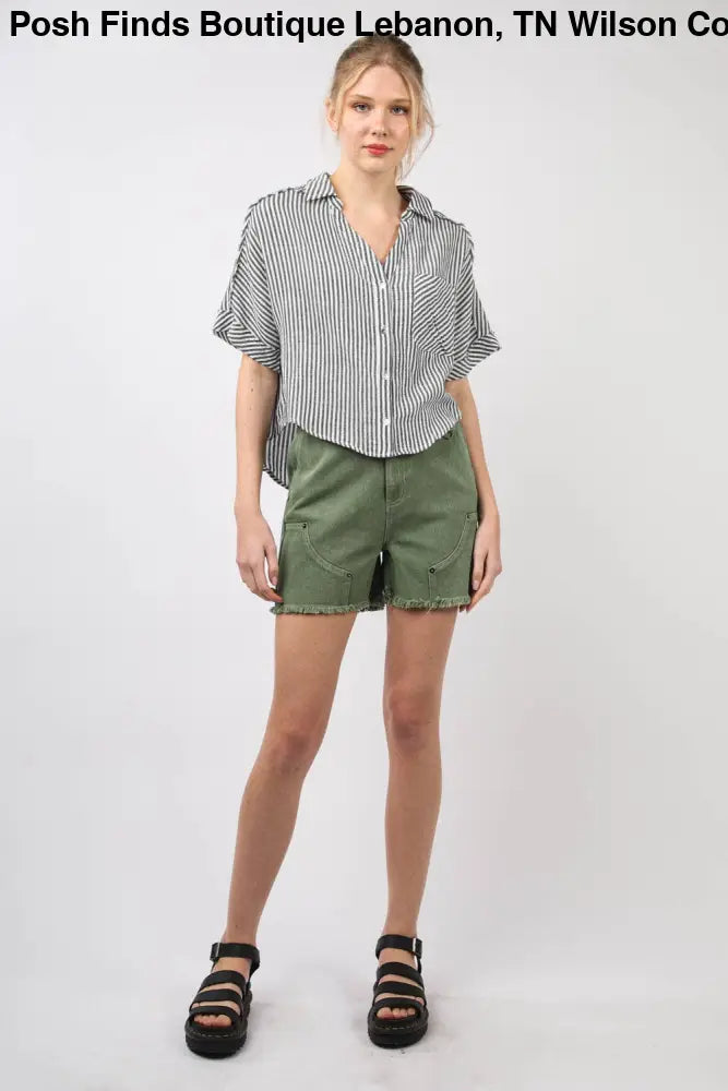 Olive Washed Denim Shorts W/ Raw Edge - Shorts