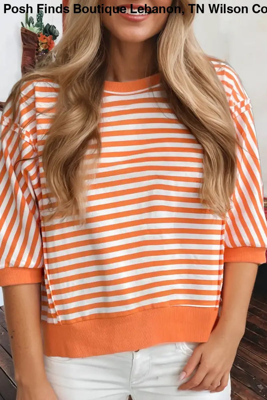 Orange Stripe 3/4 Sleeve Exposed Seam Patched Pullover Top - Top