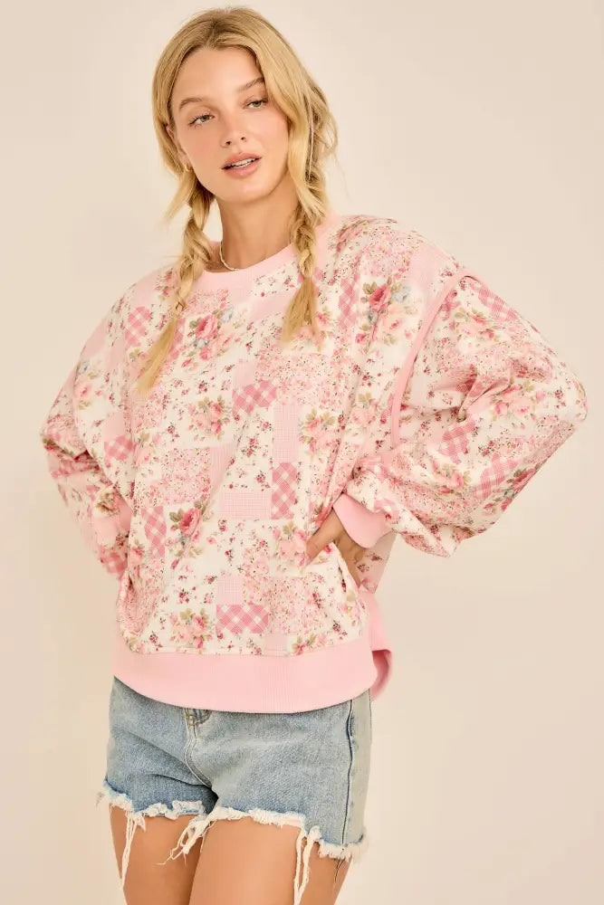 Oversized Patchwork Floral Crewneck Sweatshirt - Posh Finds