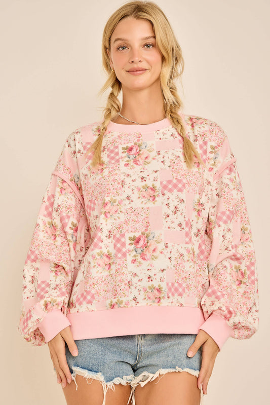 Oversized Patchwork Floral Crewneck Sweatshirt - Posh Finds