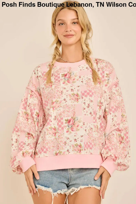 Oversized Patchwork Floral Crewneck Sweatshirt - Posh Finds