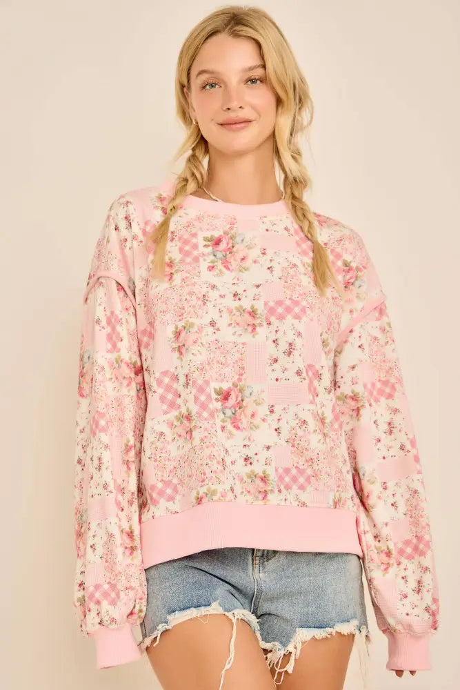 Oversized Patchwork Floral Crewneck Sweatshirt - Posh Finds