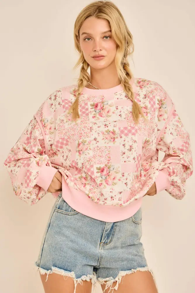 Oversized Patchwork Floral Crewneck Sweatshirt - Posh Finds
