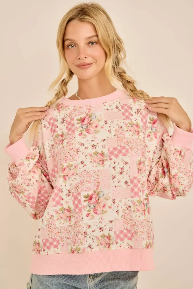 Oversized Patchwork Floral Crewneck Sweatshirt - Posh Finds