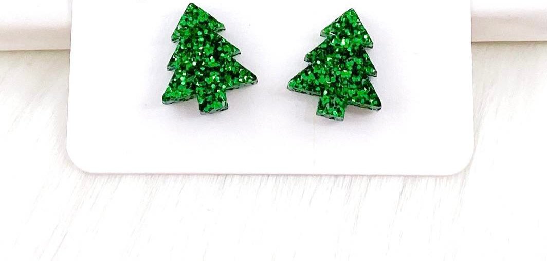 Green Sparkle Christmas Tree Stud Earrings