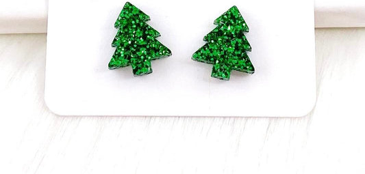 Green Sparkle Christmas Tree Stud Earrings