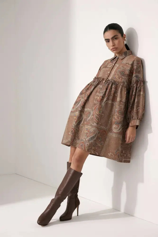 Paisley Patchwork Voluminous Shirt Dress: COFFEE / L