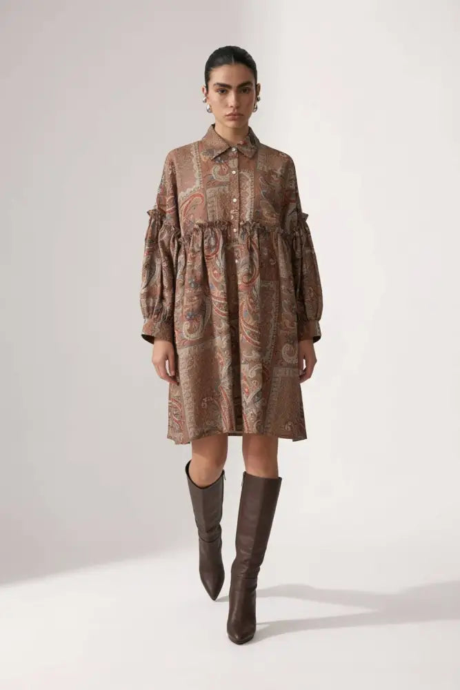 Paisley Patchwork Voluminous Shirt Dress: COFFEE / M