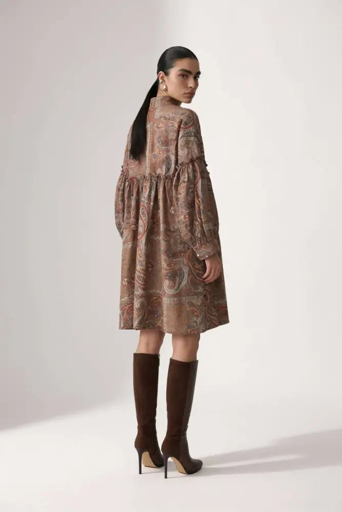Paisley Patchwork Voluminous Shirt Dress: COFFEE / M