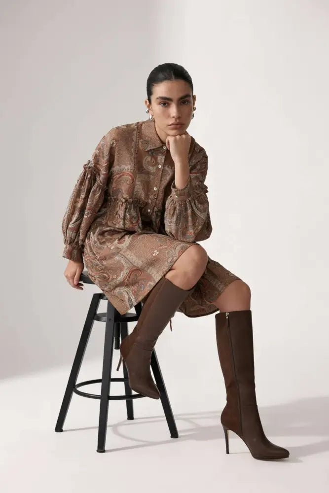 Paisley Patchwork Voluminous Shirt Dress: COFFEE / M