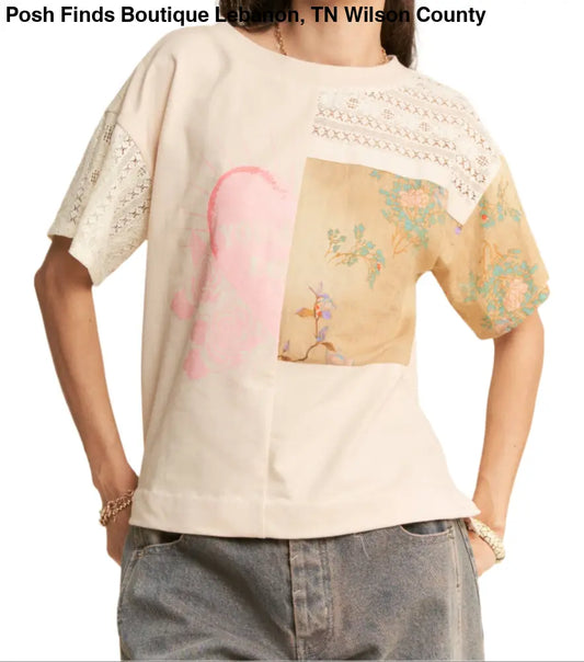 PLUS PATCH WORK MULTI FABRIC BODICE SHORT SLEEVE TOP - Posh Finds