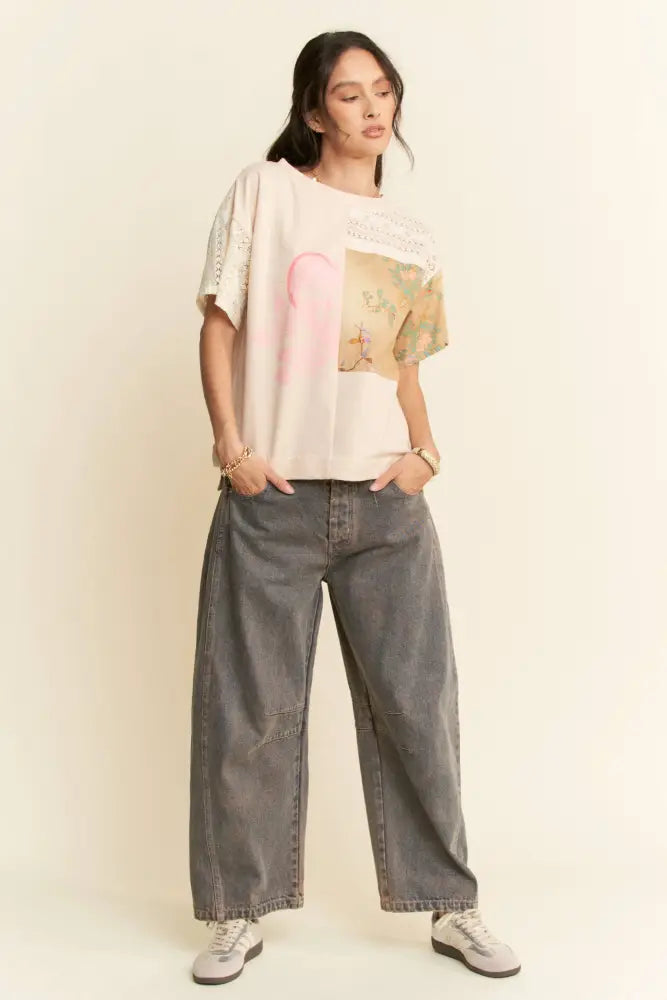 PLUS PATCH WORK MULTI FABRIC BODICE SHORT SLEEVE TOP - Posh Finds