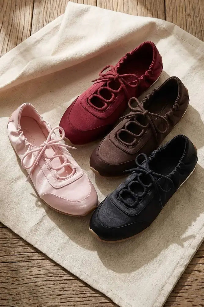 PEONY-1 Lace-Up Ballet Flats: Brown Satin / Standard / 6(3)-7(3)-8(3)-9(2)-10(1)