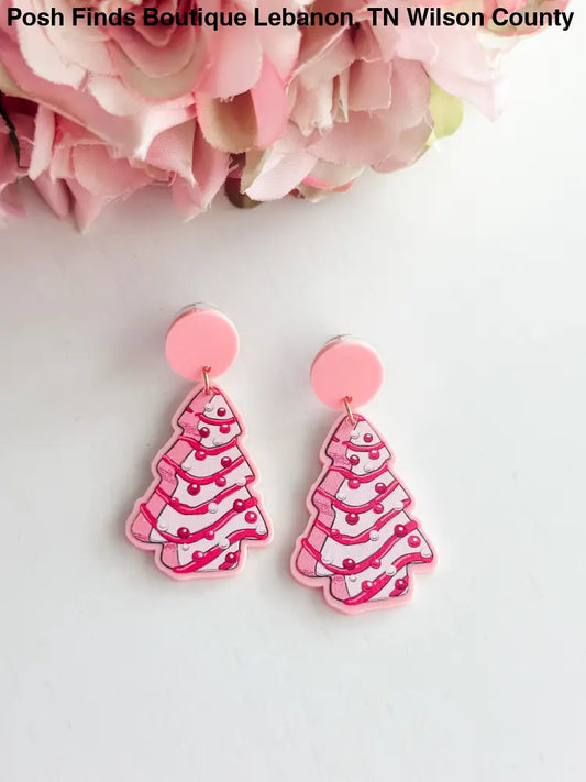 Pink Dangle Christmas Tree Earrings - Posh Finds
