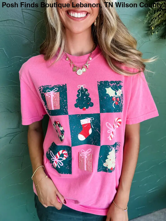 Pink Holiday Christmas Checkered Graphic T Shirt - Posh Finds