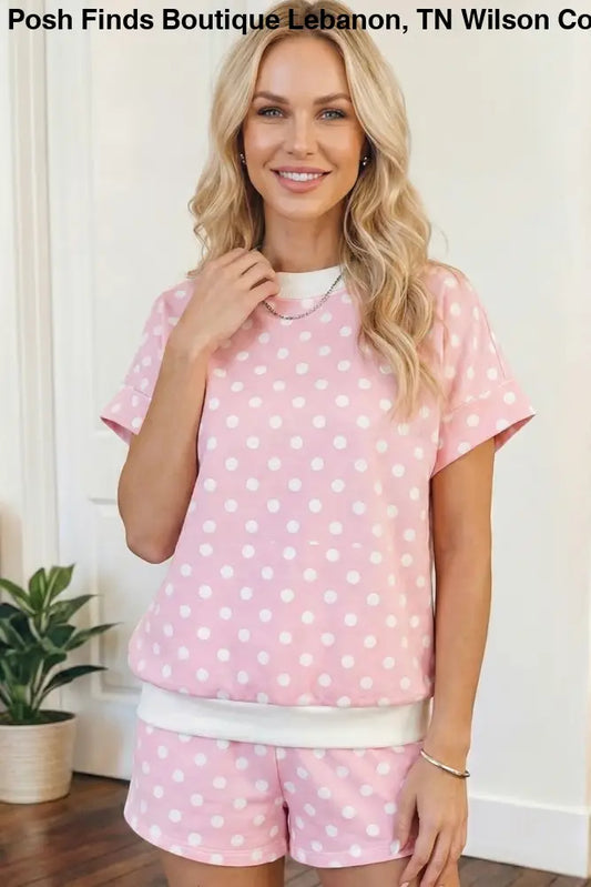 Pink Polka Dot Mock Neck Short sleeve and Shorts Set - set
