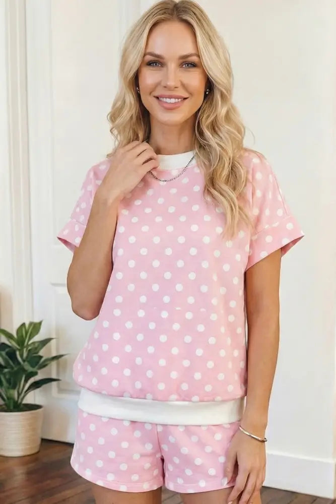 Pink Polka Dot Mock Neck Short sleeve and Shorts Set - set