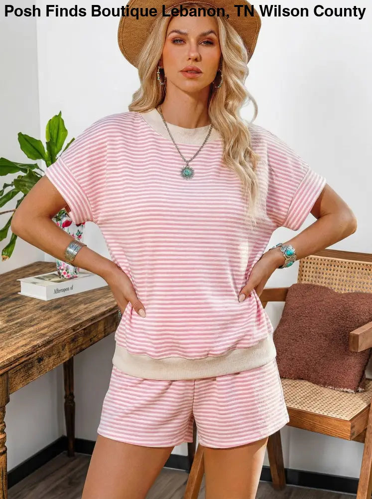 Pink Polka Dot Mock Neck Short sleeve and Shorts Set - set