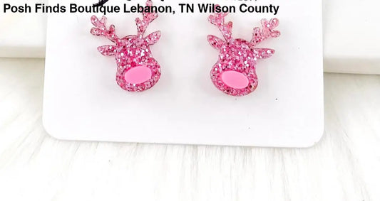 Pink Sparkle Reindeer Stud Earrings - Posh Finds