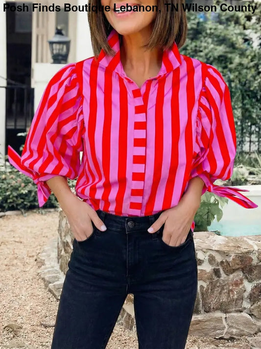 Pink Stripe Tie Puff Sleeve Women Button Down Shirt