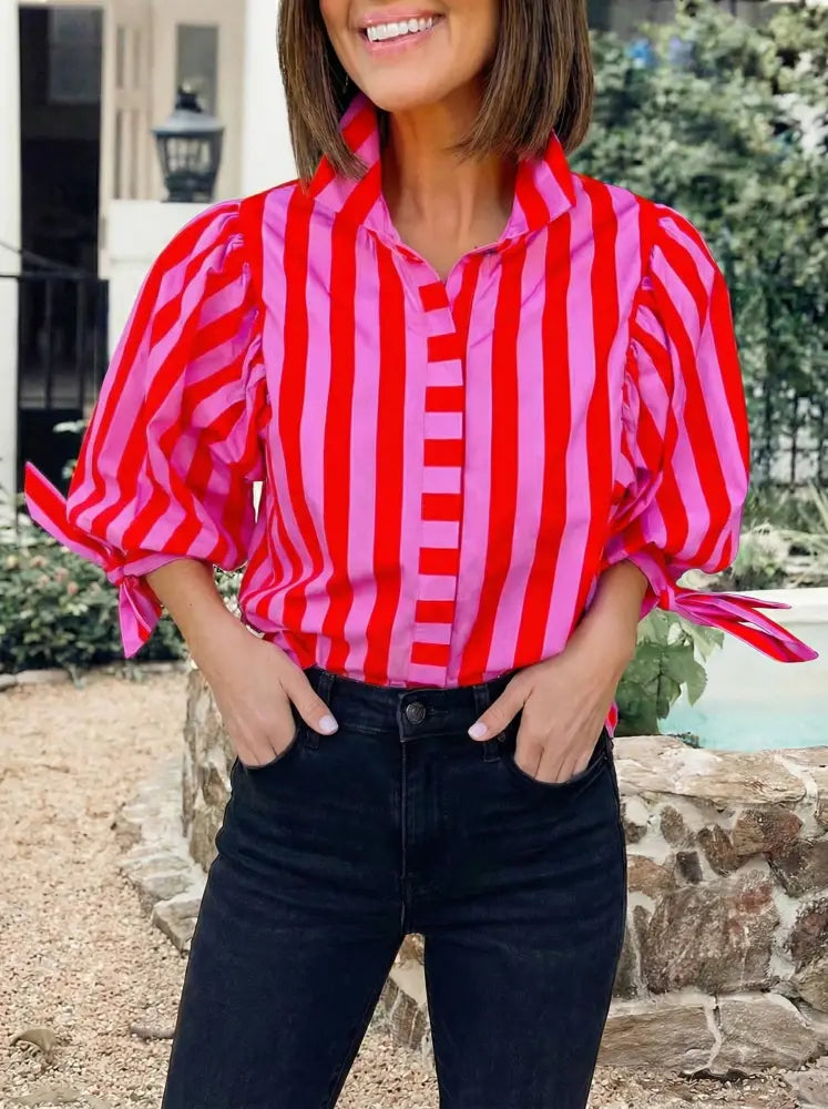 Pink Stripe Tie Puff Sleeve Women Button Down Shirt
