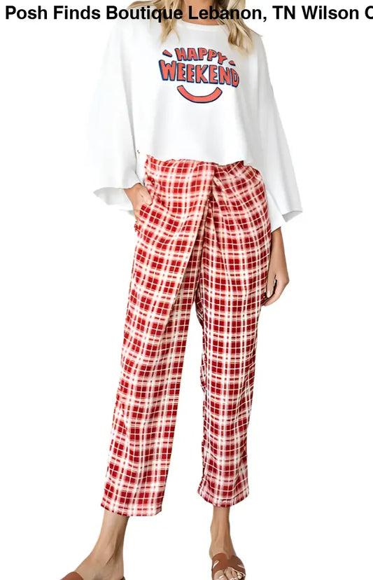 Plaid Print Twist Pull On Waist Pants: IVORY/RED - Posh Finds