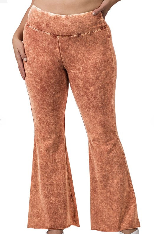 Plus Acid Wash High Waist Raw Hem Pants Rust