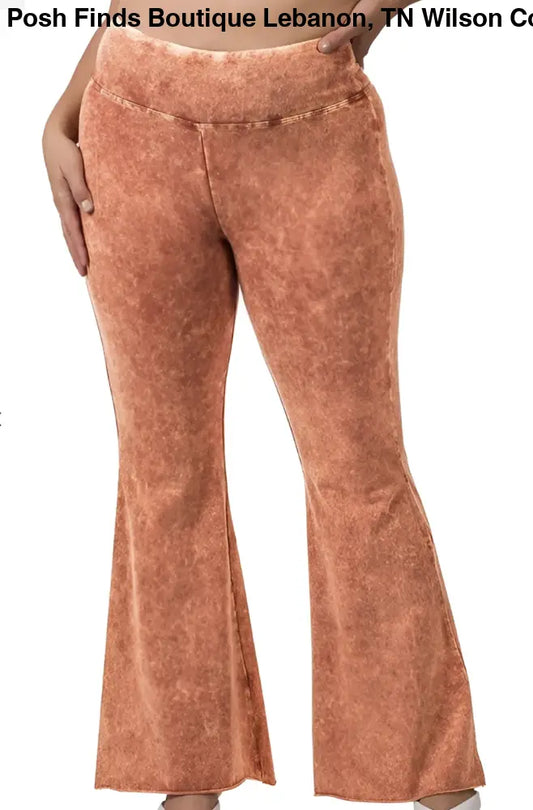 Plus Acid Wash High Waist Raw Hem Pants Rust - Posh Finds