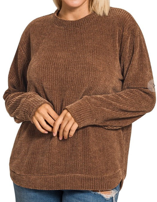 Plus Chenille Waffle Round Neck Sweater Brown - Posh Finds