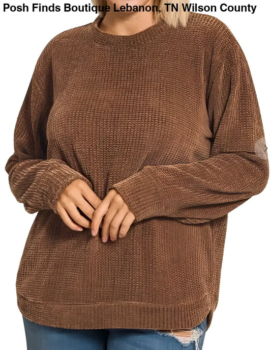 Plus Chenille Waffle Round Neck Sweater Brown - Posh Finds