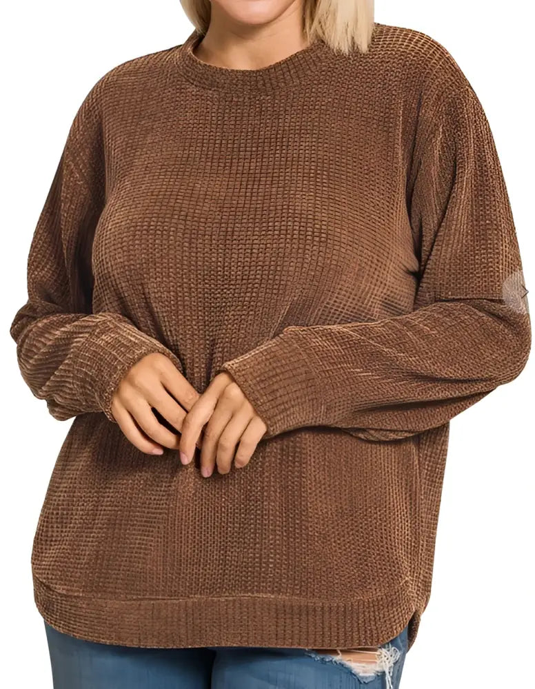 Plus Chenille Waffle Round Neck Sweater Brown - Posh Finds