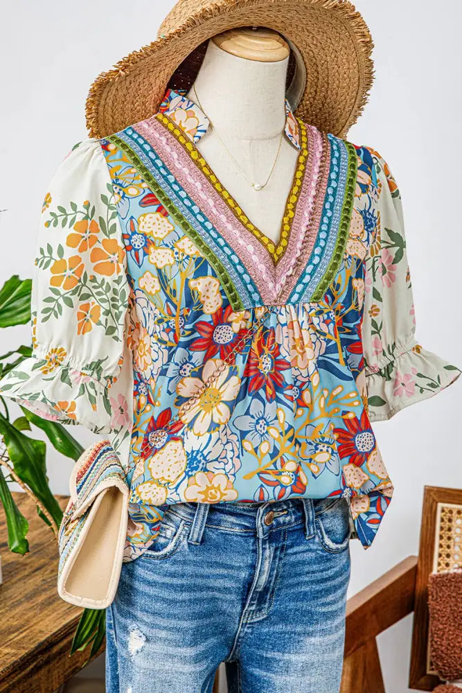 Plus Crochet Boho Half Sleeve Floral Blouse - Women > Tops