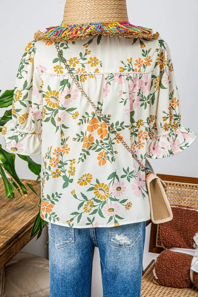 Plus Crochet Boho Half Sleeve Floral Blouse - Women > Tops