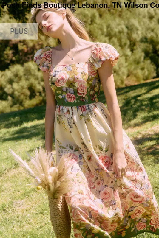 Plus Floral Printed Midi Dress : Spring Garden / Plus Size / 1XL - Posh Finds