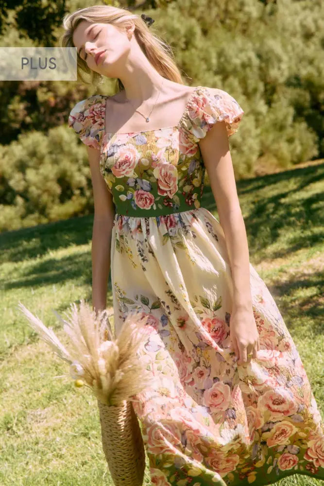 Plus Floral Printed Midi Dress : Spring Garden / Plus Size / 1XL - Posh Finds