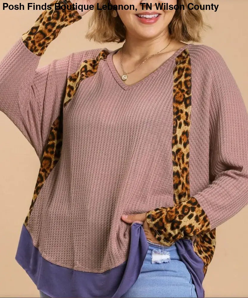 Plus Leopard High-Low Dolman Sleeve Waffle Knit Top Dusty Pink - Posh Finds