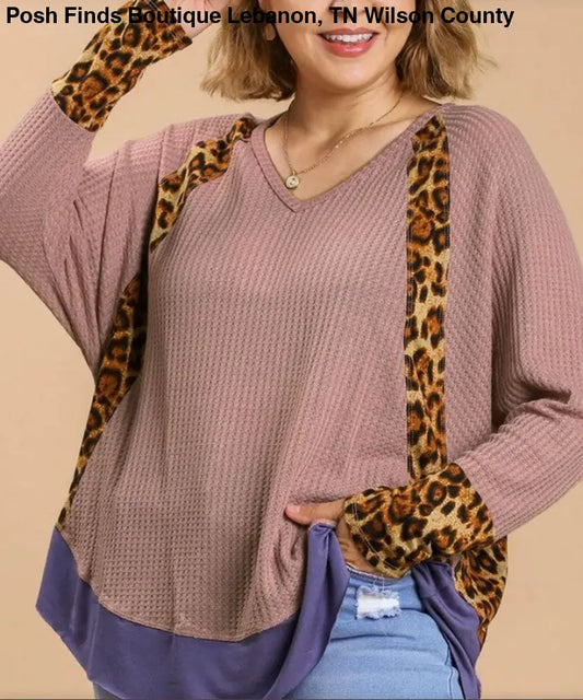 Plus Leopard High-Low Dolman Sleeve Waffle Knit Top Dusty Pink - Posh Finds