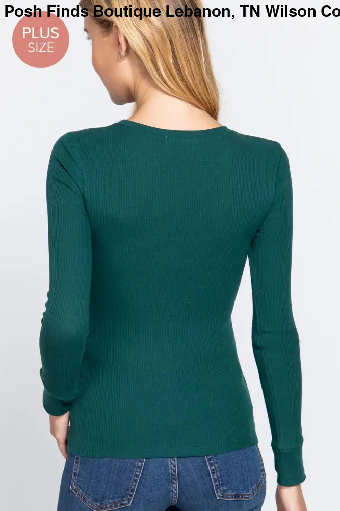 Plus Long Sleeve Crew Neck Thermal Knit Top: Black - Posh Finds