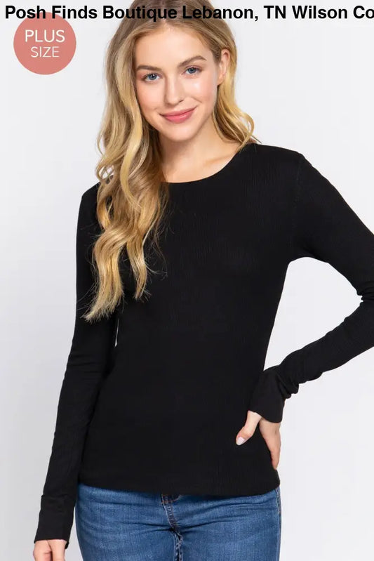 Plus Long Sleeve Crew Neck Thermal Knit Top: Black - Posh Finds