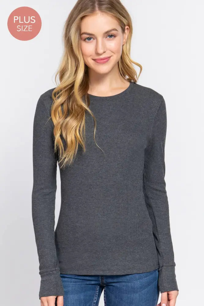 Plus Long Sleeve Crew Neck Thermal Knit Top: Ivory - Posh Finds