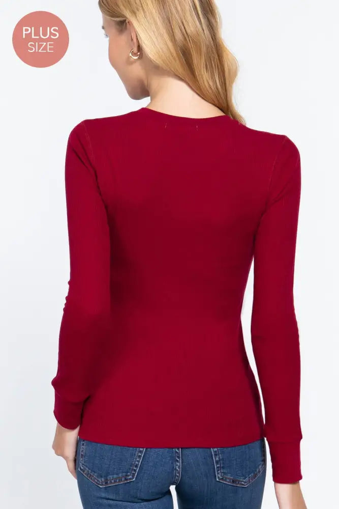Plus Long Sleeve Crew Neck Thermal Knit Top: Ivory - Posh Finds