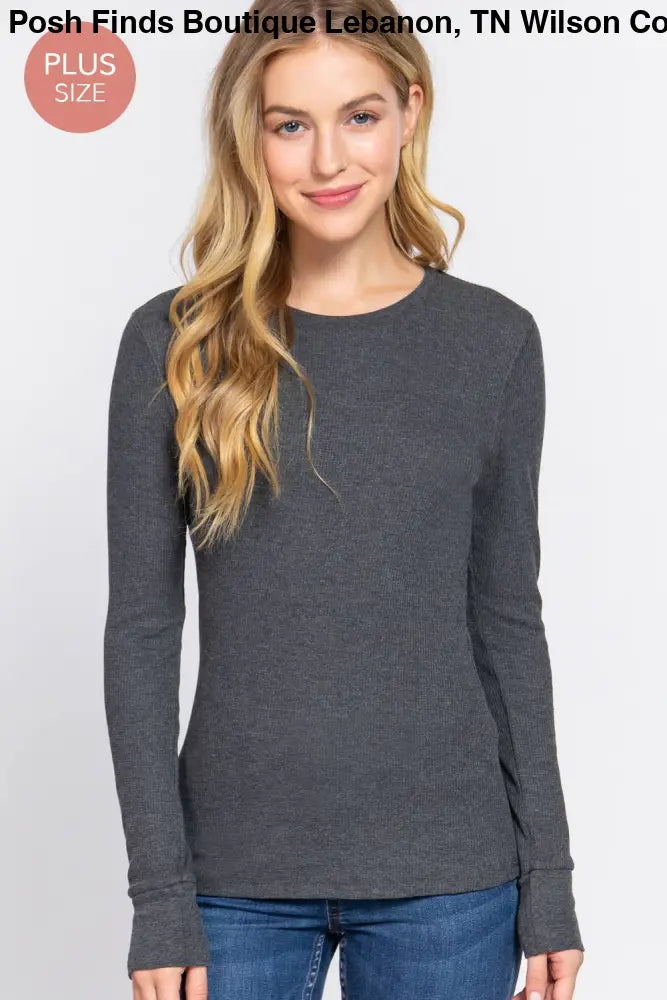 Plus Long Sleeve Crew Neck Thermal Knit Top: White - Posh Finds