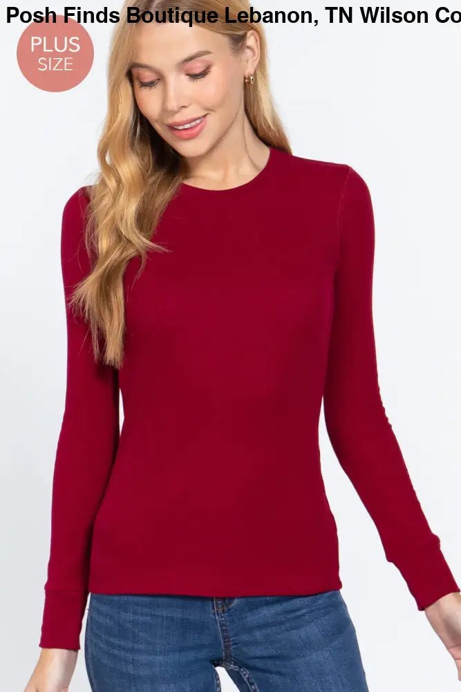 Plus Long Sleeve Crew Neck Thermal Knit Top: White - Posh Finds