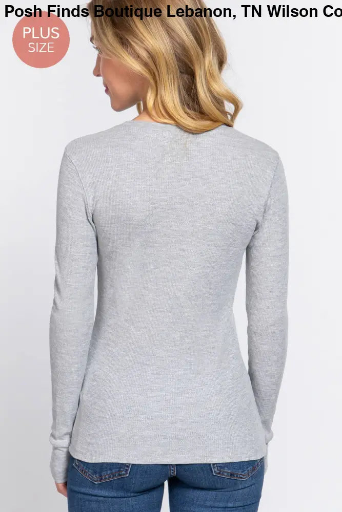 Plus Long Sleeve Crew Neck Thermal Knit Top: White - Posh Finds